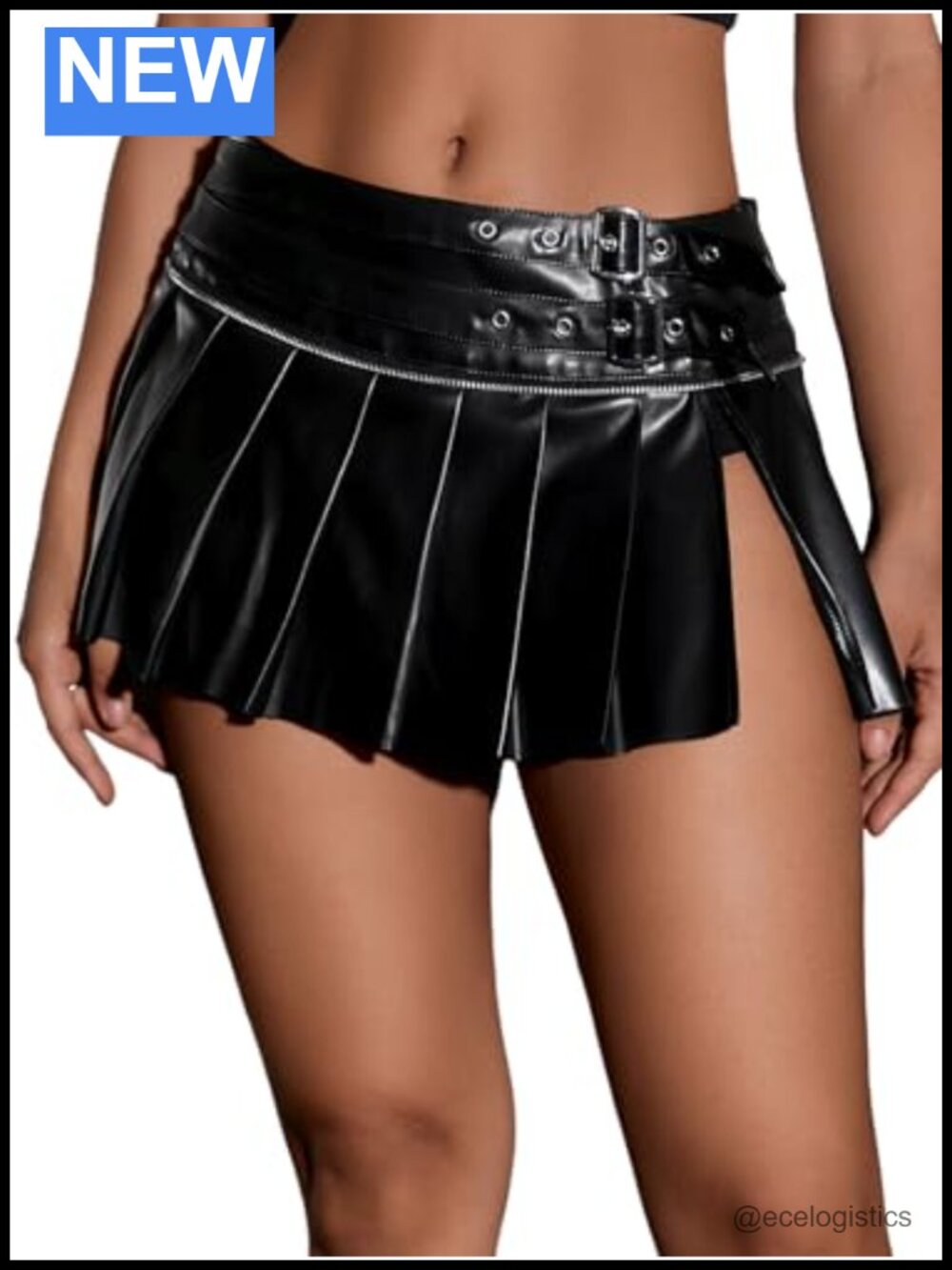 PU Leather Buckle Pleated Low Waist Mini Skirt